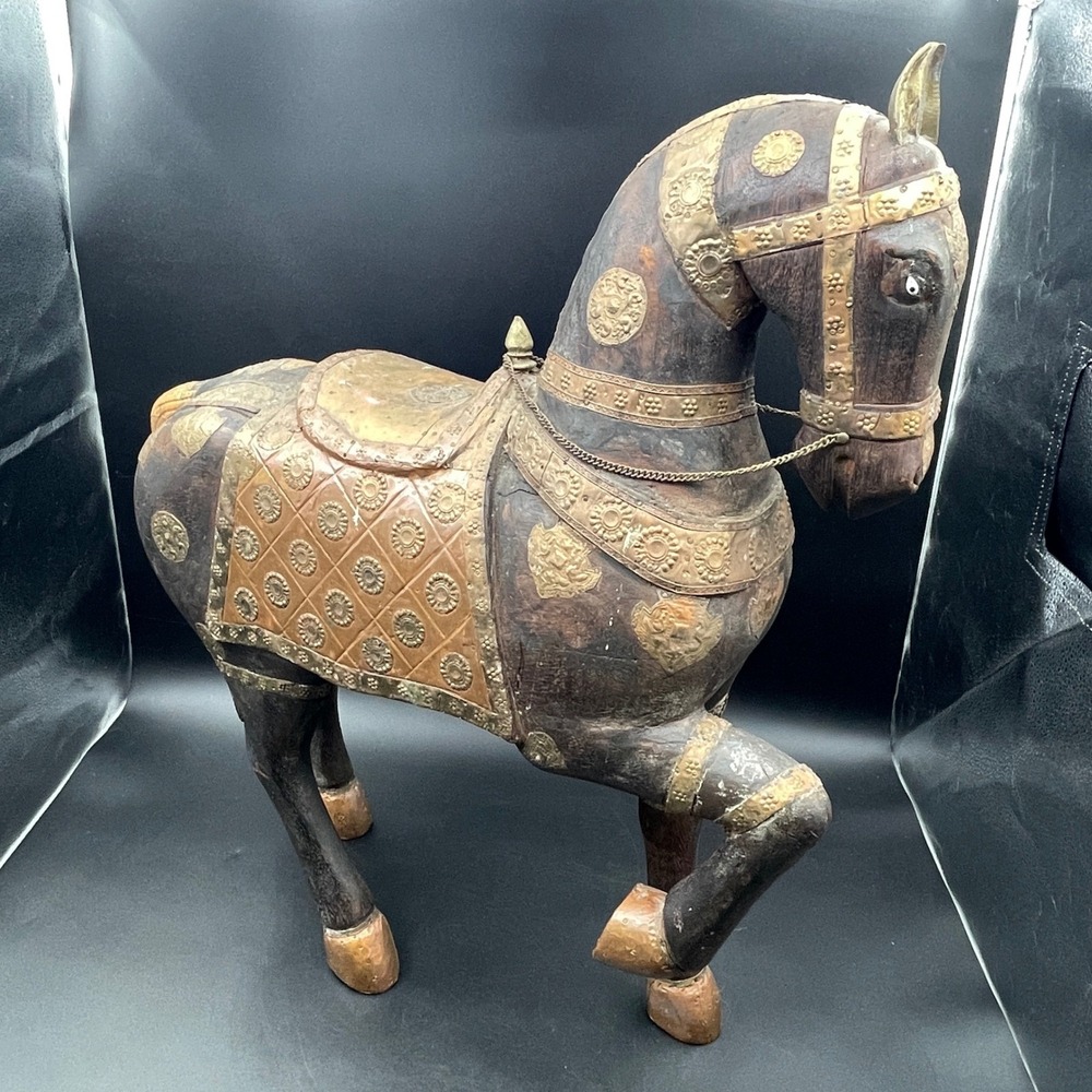 Large 26" Vintage Indian Carved Wooden Horse - Brass Copper Repousse Cladding